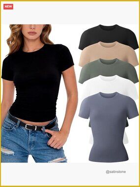 Rayon Spandex Slim Fit Crew Neck Short Sleeve T-Shirts 5 Pack